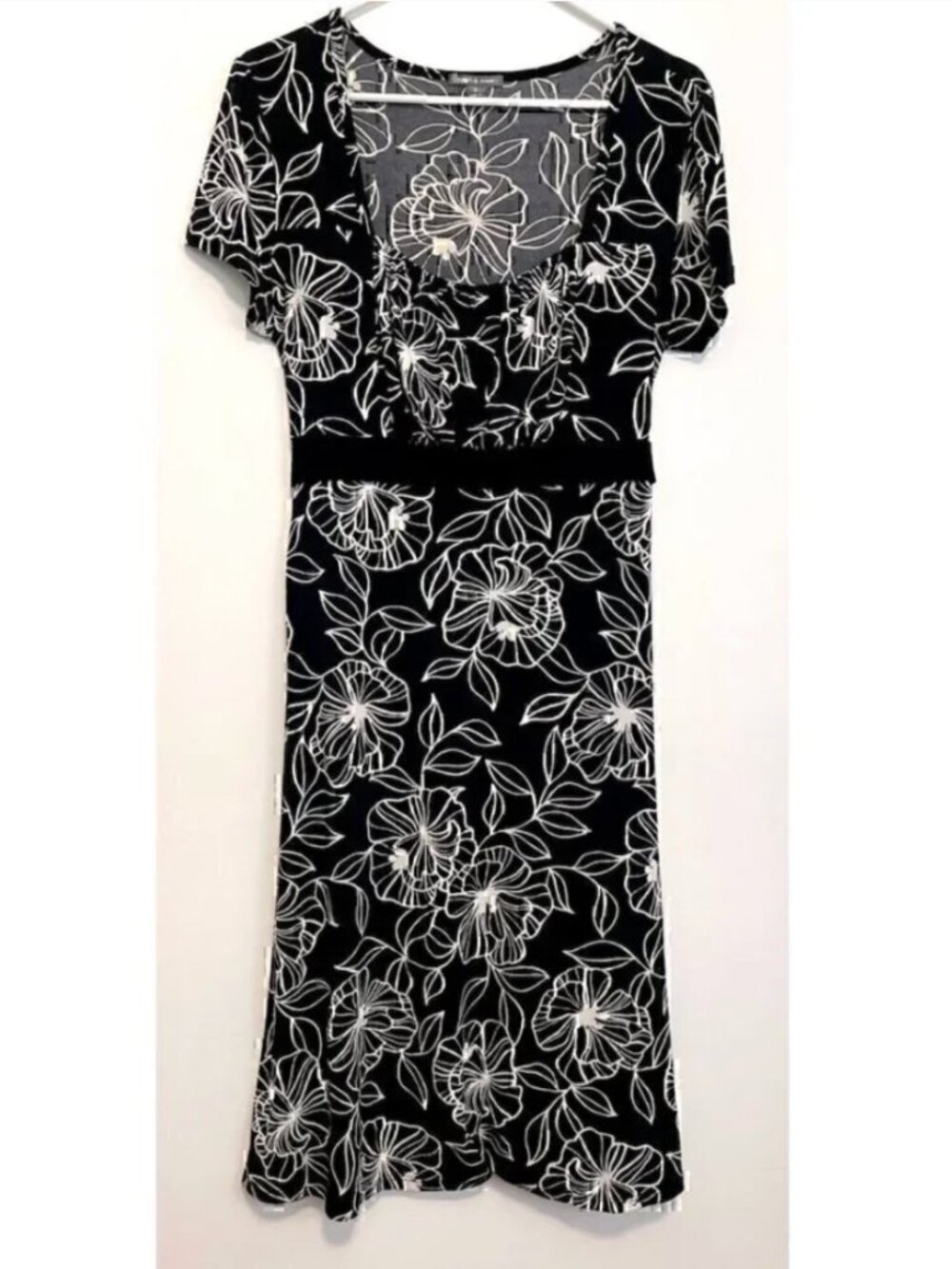 APT. 9 Stretch Black Cream Floral Tie Bow Back Below Knee Midi Fit & Flare Dress